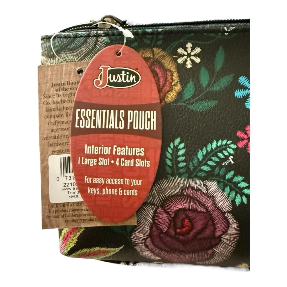 Justin Essentials Pouch – Black Floral Zip Bag with Card Slots – NWT